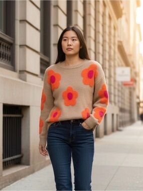 Epic Threads Beige Crewneck Sweater with Orange & Pink Floral Motif